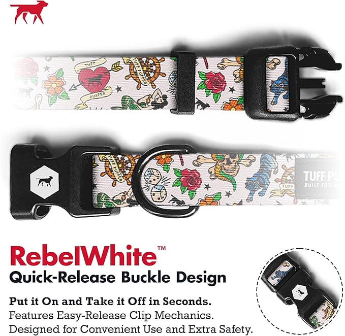 Tuff Pupper Premium Adjustable Dog Collar for X-Large Girl Dogs, Stylish Pattern Collars Designed in USA, Quick Release Buckle, RebelWhite Print for Female Dogs, XL (1.25 Inch Wide x 20-30 Inch Neck)