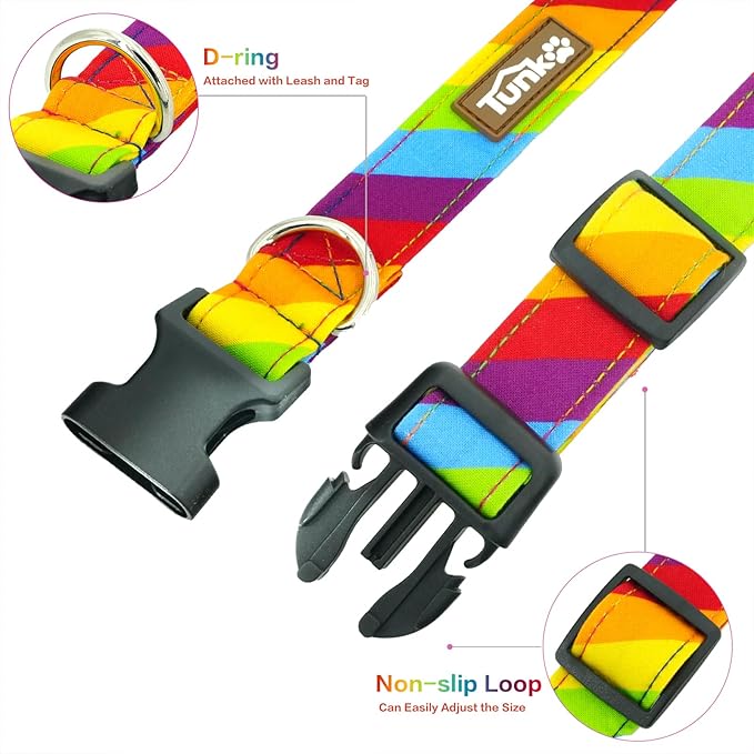 Tunkoo Rainbow Dog Collar, Cute Adjustable Striped Collar for LGBT Pride Month, Dog Collar with Strong Plastic Buckle - for Small Medium Large Pets, M