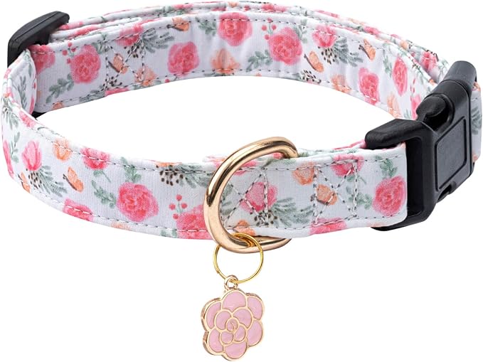 Cotton Dog Collar,Adjustable Cute Puppy Collar with Moon Patterned Design for Small Medium Large Dogs,Soft and Fancy Pet Collar with Safety Buckle for Girl Boy Dogs (Pink Flower, L)