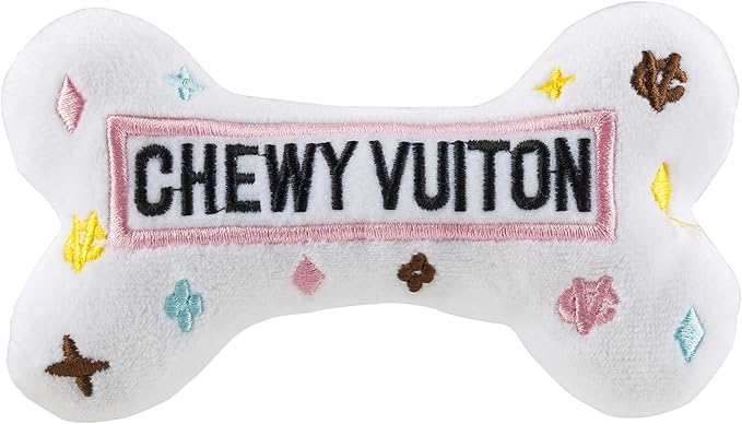Haute Diggity Dog White Chewy Vuiton Bone, Plush Designer Dog Toys with Interactive Squeaker, Stimulating Pet Enrichment, Machine-Washable & Safe Materials for All Breeds, Size Small