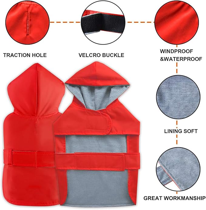 Dog Raincoat Small Dog Rain Jacket Poncho Waterproof Pet Rain Suit Double Layer Cotton Lining Hooded Leash Hole Adjustable Puppy Small Dogs Cats,Red,XS