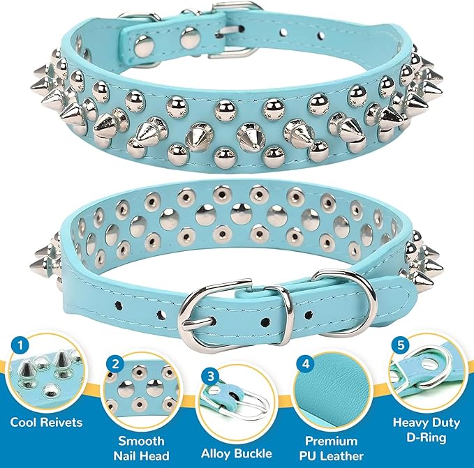 PETCARE Spiked Dog Collar Blue Soft Pu Leather Funny Mushrooms Rivet Spike Studded Puppy Collar Adjustable Outdoor Pet Dog Collar for Small Medium Large Dogs Cats Chihuahua Pug Pit Bull Dog Collars