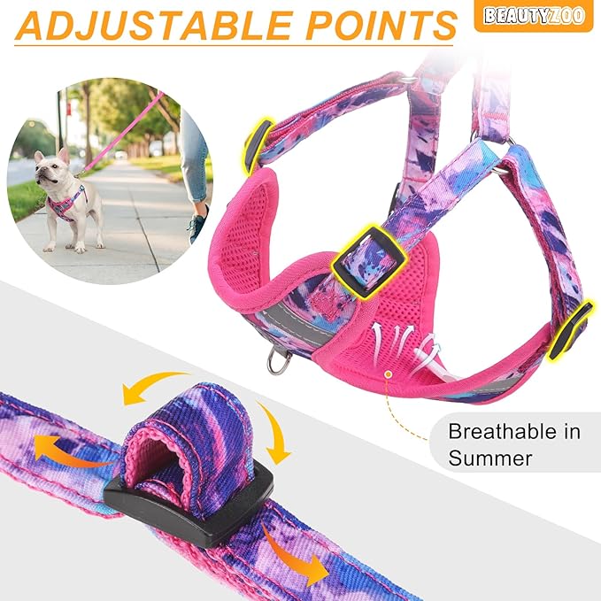 BEAUTYZOO Dog Harness Collar and Leash Set, No Pull Step in Pet Harness for Medium Sized Dogs, Adjustable No Escape Puppy Vest Harnesses Outdoor Walking Running, Soft Reflective Vest, Hot Pink M