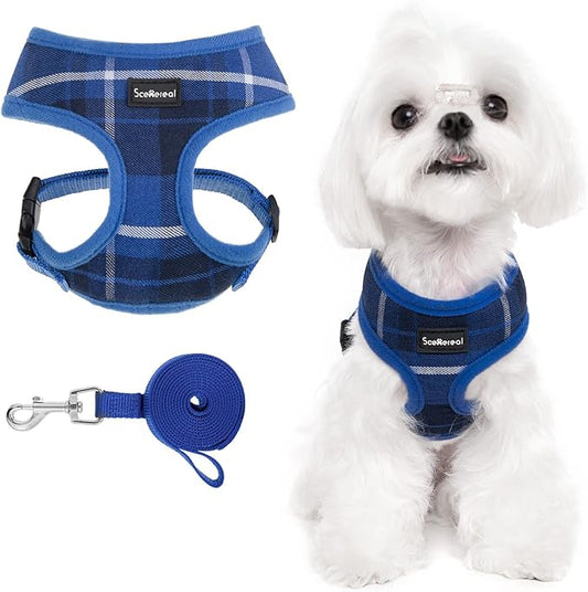 SCENEREAL Puppy Dog Harness with Leash Set for Small Medium Sized Dogs, Soft Mesh Step in Pet Harnesses and Leash, No Chock Plaid Adjustible No Pull Vest for Dogs Cats, Chihuahua,Bulldog (Blue XS)