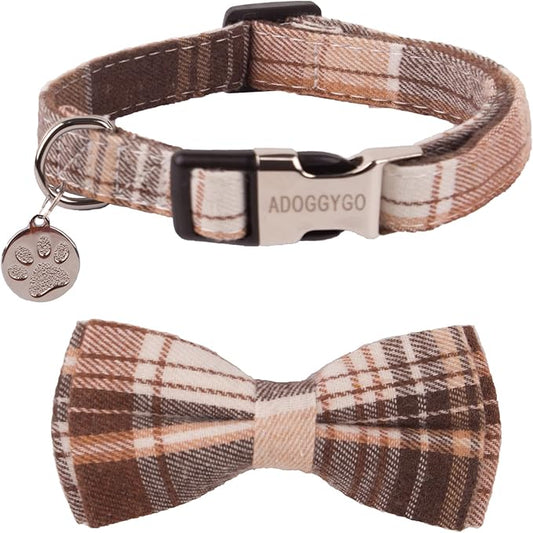 ADOGGYGO Soft Dog Collar, Brown Plaid Pet Collar with Detachable Bow Tie Adjustable Plaid Bowtie Collars for Small Medium Large Dogs Pets (Small)