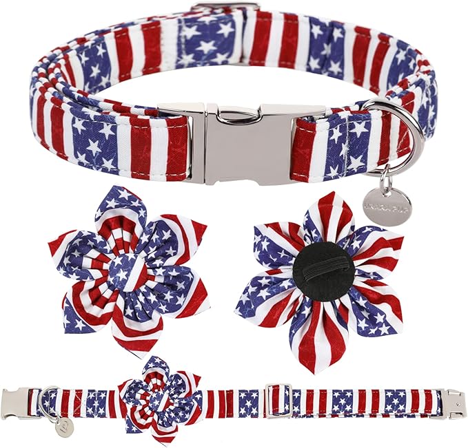 Dog Collar with Flower, 4th of July Comfortable Cotton Dog Collar, American Flag Collar for Small Girl Dog, Patriotic Flower Collar with Metal Buckle, S
