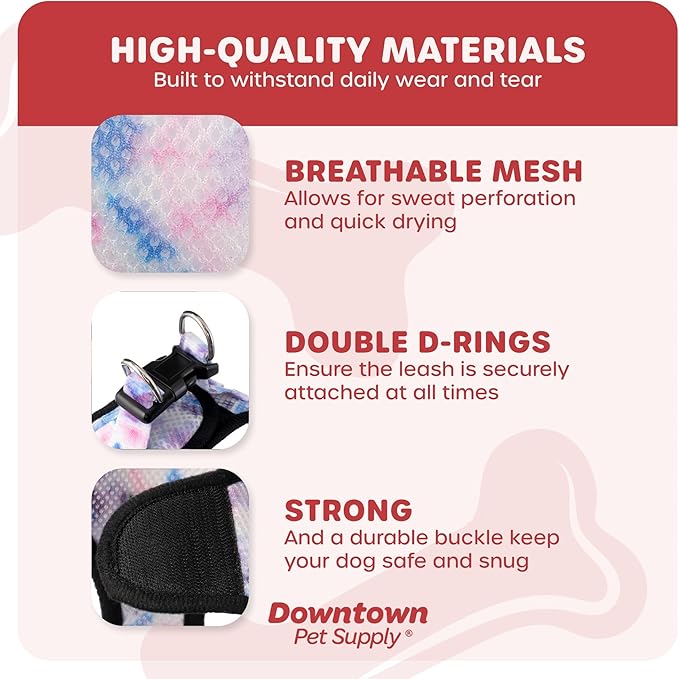 Downtown Pet Supply Step in Dog Harness for Small Dogs No Pull, Large, Tie Dye Pink/Purple - Adjustable Harness with Padded Mesh Fabric and Reflective Trim - Buckle Strap Harness for Dogs