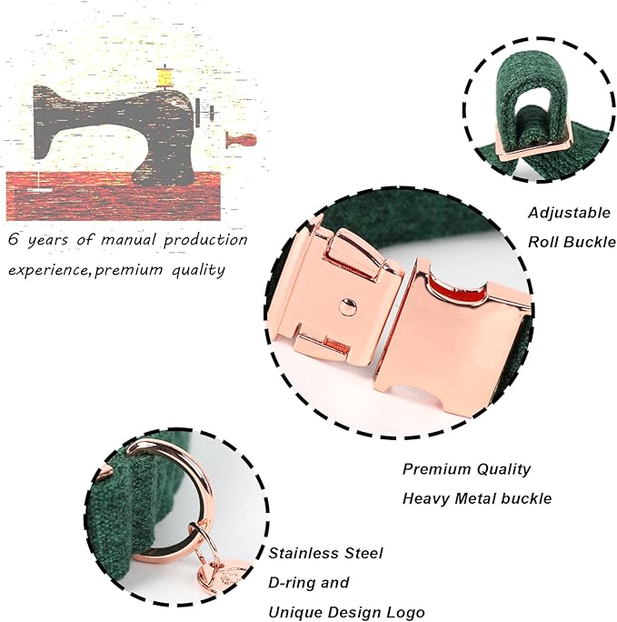 DOGWONG Hemp Cotton Dog Collar with Bow, Christmas Green Pet Collar Durable Adjustable Puppy Collar for Small Dogs