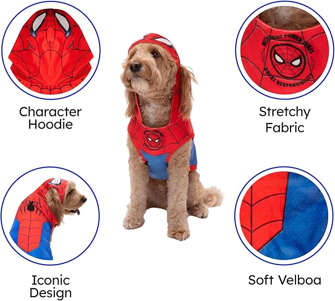 MARVEL Spider-Man Pet Hoodie - Sleeveless Hooded Pet Shirt with Costume Design (Medium)