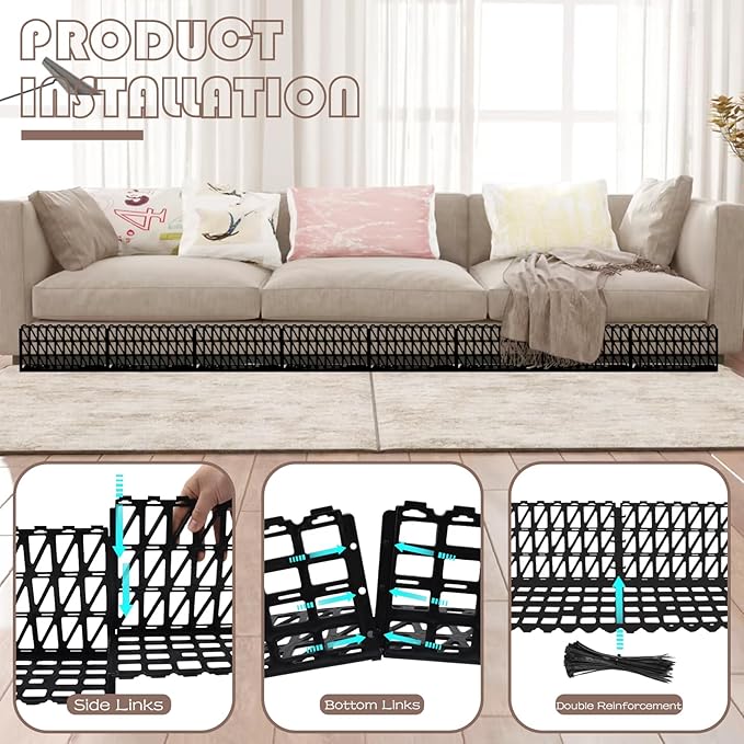 12 Pcs Under Couch Blocker for Bed Adjustable Furniture Plastic Under Bed Blocker with 30 Ties Black Couch Barriers for Dogs Pets Cats (Style 2)