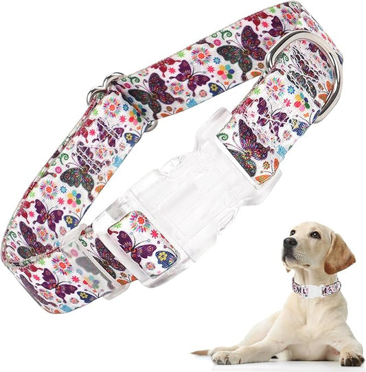 Girl Dog Collars for Large Dogs, Cute Dog Collar with Butterfly Patterns, Adjustable Durable and Comfortable Dog Collars with Safety Buckle for Small Medium Large Dogs (L)