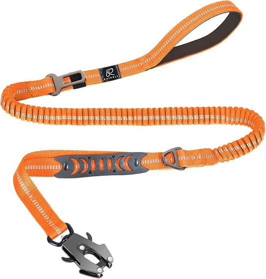 Raipult Heavy Duty Frog Clip Dog Leash, 4-6FT Strong Bungee Training Leash with 2 Handles, Highly Reflective Shock Absorbing Elastic Leashes with Car Seatbelt for Medium Large Dogs,Orange