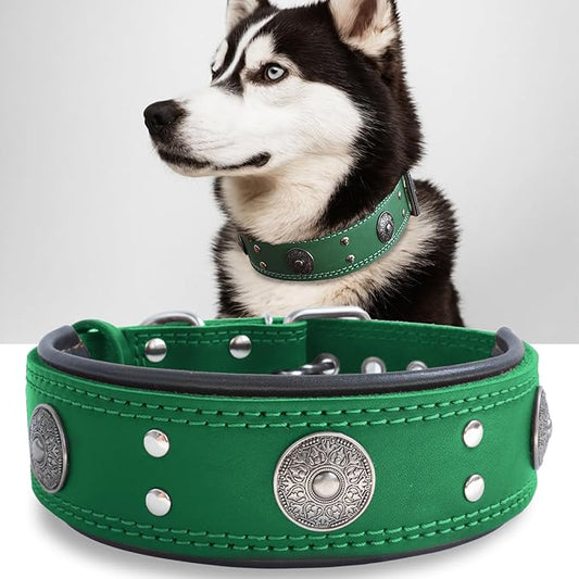 Leather Dog Collar, 2 inches Wide Heavy Duty Genuine Leather Collars, Handmade, Soft, and Luxury, Eye-catching Best Choice for Large and Medium Breed Dogs, Green 19.5-23.5 inches
