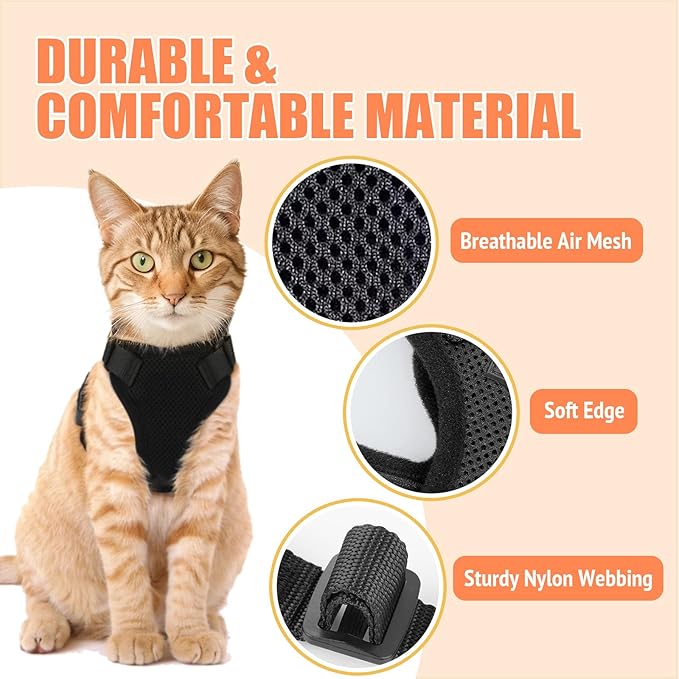 Cat Harness and Leash Set,Escape Proof Adjustable Cat Harness,Soft and Breathable Kitten Harness and Leash with Reflective Strips for Walking and Traveling(Black,XS)