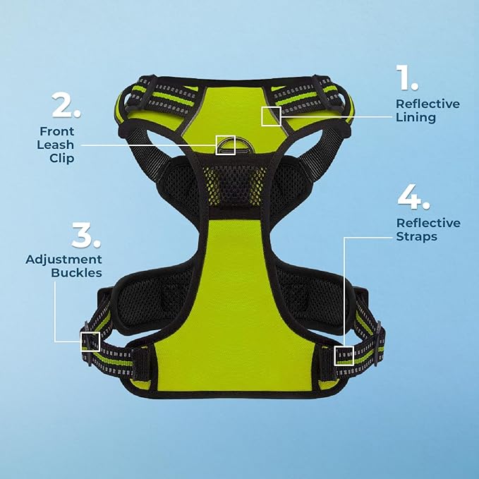 No Pull Dog Harness for Large Dogs, Dual Leash Attachments, Adjustable Soft but Strong Pet Harness with 3M Reflective Technology, Lime Green Nylon, XL (Chest: 28-37")