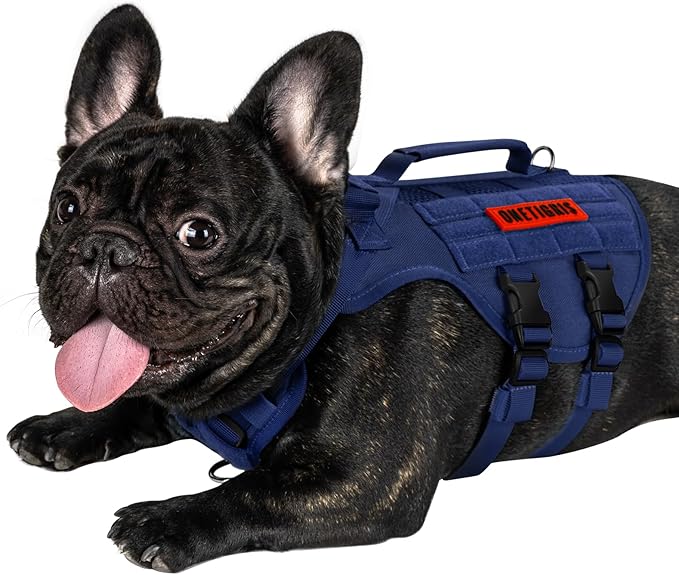 OneTigris Tactical Dog Harness for Small Dog with Handles, Mesh Design Service Dog Vest Breathable Military Dog Molle Vests with Handles, Harness for Walking Hiking Training (Blue, XS)