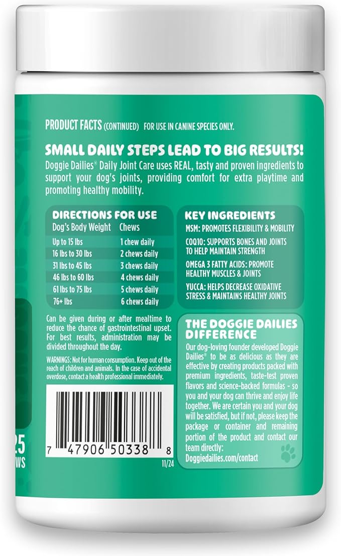 Doggie Dailies Glucosamine for Dogs - Joint Supplement for of All Breeds & Sizes - Hip and Joint Supplement - Premium Glucosamine and Chondroitin for Dogs (Chicken) 225 Chews