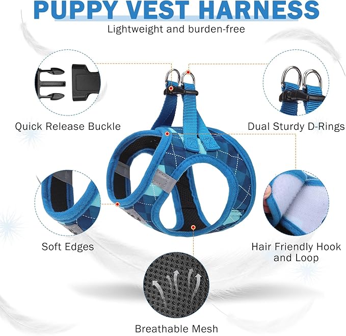 SCENEREAL Dog Harness Collar and Leash Set, Step-in No Pull Pet Vest Harnesses for Small Medium Dogs Puppy Cats, Soft Mesh No-Chock Reflective Vest Harness for Outdoor Walking Running, Blue Plaid M