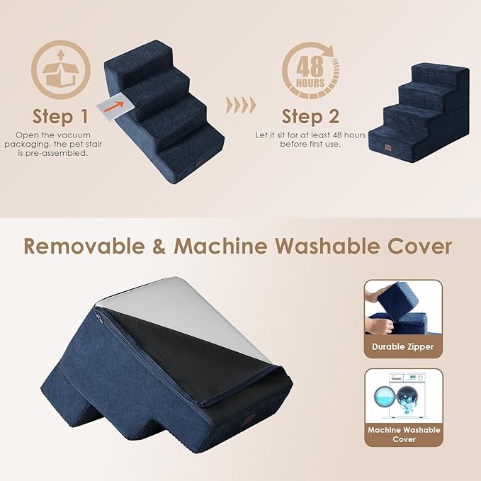 EHEYCIGA Dog Stairs for Bed 18”H, 4-Step Dog Steps for High Bed, Pet Steps for Small Dogs and Cats, Non-Slip Balanced Pet Ramp Indoor, Navy Blue