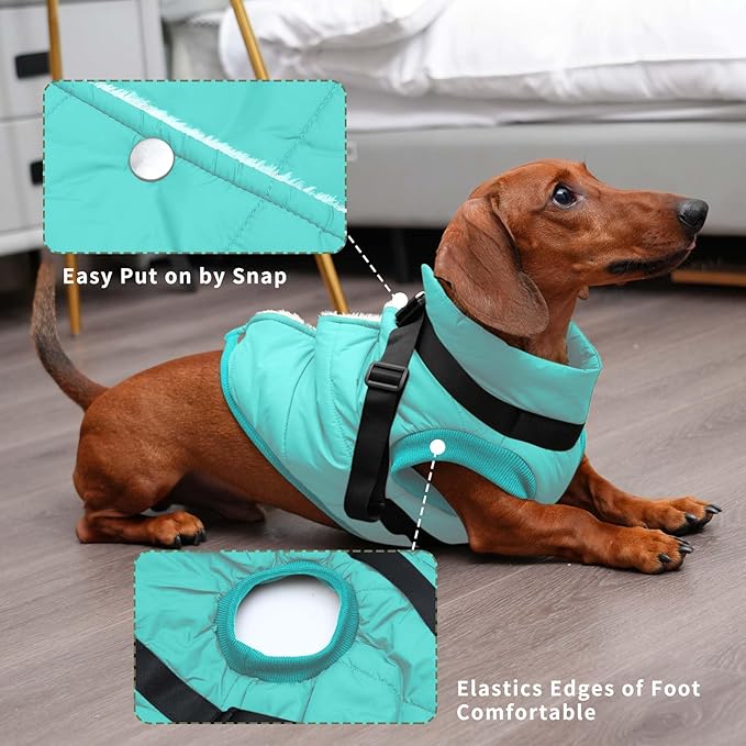 Dog Jacket with Harness,Fleece Lined Warm Puppy Coat for Winter,Soft Windproof Small Dog Vest,Bluegreen XS