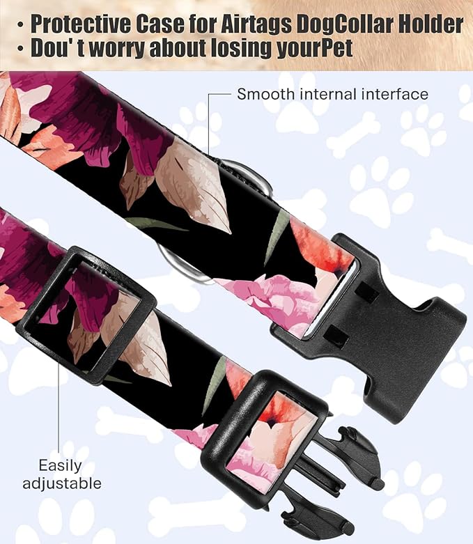 Dog Collar, Cute Dog Collar for Small Medium Large Dogs, Personalized Adjustable Soft Pet Collars with Quick Release Buckle for Walking Running, Black Red Floral