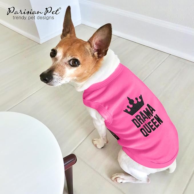 Parisian Pet Dog Tshirt - Embroidered “ Drama Queen “ Tank Top - Breathable and Lightweight Dog Clothes - Sleeveless Pink Tee Shirts - Machine Washable Shirts for Small Dogs Girl - XS