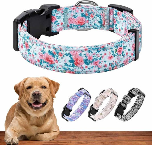 Dog Collar for Medium & Large Dogs - Rose Flowers Cotton Padded Pattern on Long Lasting, Adjustable, Strong and Durable Collars - Choose from Stunning Patterns and Colors