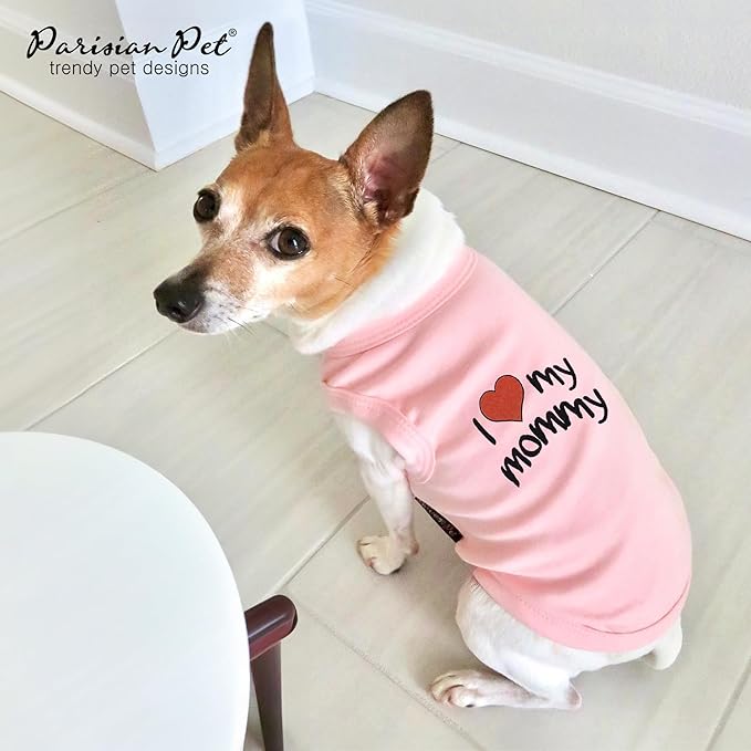 Parisian Pet Dog T-Shirt with Embroidered 'I Love My Mommy' Words - 100% Cotton, Pink Dog Clothes - Sleeveless Pet Vest - Machine Washable Dog Shirt for Large Dogs, 3XL