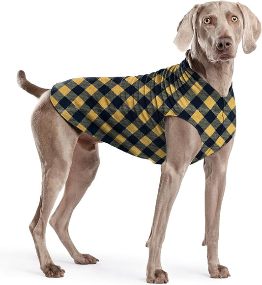 Stretch Fleece Dog Coat, Stretchy Pet Sweater, Machine Washable Pullover for Winter and Fall, Gold Buffalo Check, 22