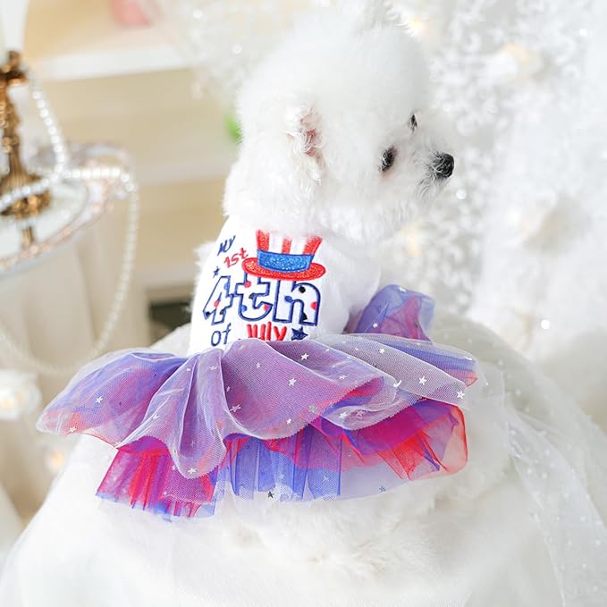 4th of July Dog Dress for Small Dogs Independence Day Girl Puppy Dresses with Stars Patriotic Cat Outfit Tulle Skirt Holiday National Day Pet Clothes (4th of July, Medium)