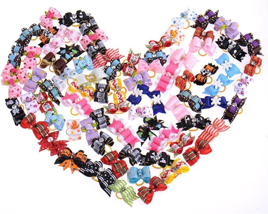 PET SHOW Pet Cat Puppy Topknot Dog Hair Bows with Rubber Bands Grooming Accessories Assorted Colors Pack of 100