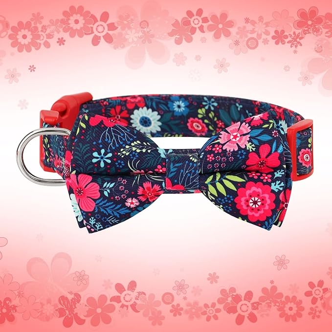 Didog Floral Dog Collar with Bow, Cute Girl Dog Collars with Detachable Bowtie, Soft & Comfy Spring Summer Dog Collar for Small Medium Large Dogs Gift Holiday, Red, M