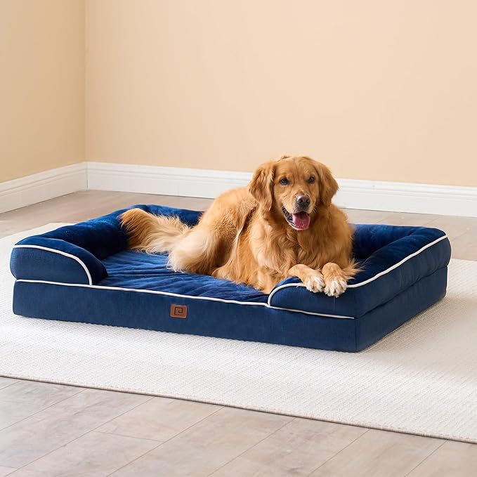 EHEYCIGA Orthopedic Dog Beds for Extra Large Dogs, Waterproof Memory Foam XXL Dog Bed with Sides, Non-Slip Bottom and Egg-Crate Foam Big Pet Couch Bed with Washable Removable Cover, Navy