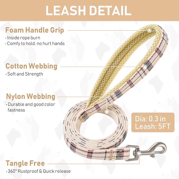 GAMUDA Dog Harness Collar and Leash Set, Dog Harness, No Chock No Pull Adjustable Vest Harnesses Plaid Reflective for Medium Dog, Cat, Small Horse, Small Bull and Pig (Beige, XL)
