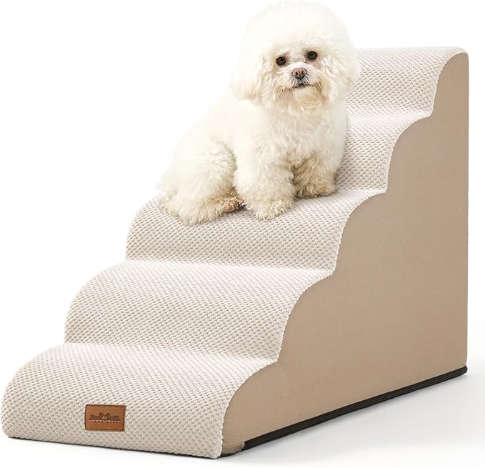 Dog Stairs for High Bed 22.6" H, Small Dog Step for Puppy, Older or Cat, Curved Ramp for Car, Ladder with High Density Foam, Lightweight, Durable, 15.7x33x22.6 inch, 5 Step, Beige