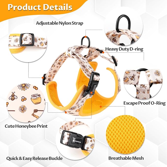 Dog Cat Harness and Leash Set, Puppia Soft Mesh Padded and Adjustable Puppy Vest Cute Dog Clothes Escape Proof Easy Walk Pet Accessories (Honeybee, S (Neck 10.6"-13"; Chest 14"-19.6"))