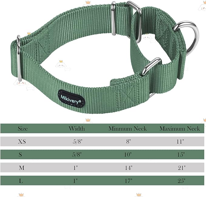 Mikivery Martingale Dog Collar Nylon Adjustable and Safety Training Metal Buckle Dogs Collars for Small Medium and Large Breed(Emerald,M)