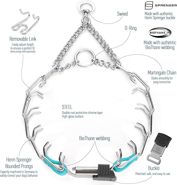 Herm Sprenger Chrome Plated Steel Dog Collar with Quick Release ClicLock Buckle and Biothane Insert Training Collar for Dogs Made in Germany (Sky Blue, 16in x 2.25mm(Neck Size up to 13-14in))