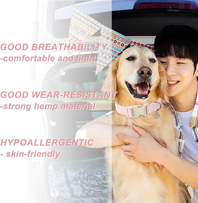 DOGWONG Cotton Hemp Dog Collar, Heavy-Duty Pink Dog Collar Adjustable Soft Natural Fabric Pet Cute Wedding Puppy Necklace for Small Medium Large Dogs