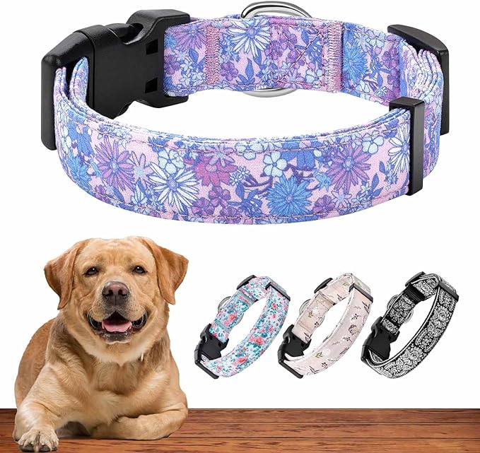 Dog Collar for Medium & Large Dogs - Flowers Cotton Padded Pattern on Long Lasting, Adjustable, Strong and Durable Collars - Choose from Stunning Patterns and Colors