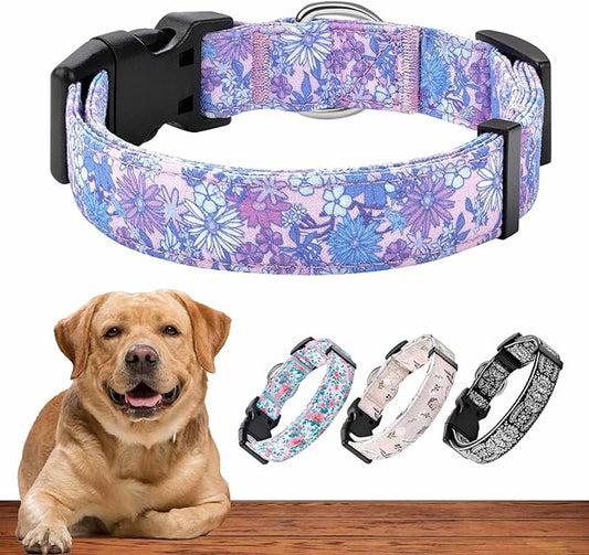 Dog Collar for Medium & Large Dogs - Flowers Cotton Padded Pattern on Long Lasting, Adjustable, Strong and Durable Collars - Choose from Stunning Patterns and Colors