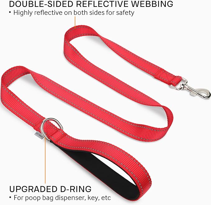 Joytale Double-Sided Reflective Dog Leash, 6 FT/5 FT/4 FT, Padded Handle Nylon Heavy Duty Leashes for Medium & Large Dogs Walking, Red, 5FT