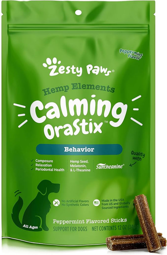 Zesty Paws OraStix for Dogs - Calming Dental Sticks for Stress with Hemp Melatonin Chamomile Dog Healthy Teeth and Gums Calm Composure for Fireworks and Thunderstorms - 12oz