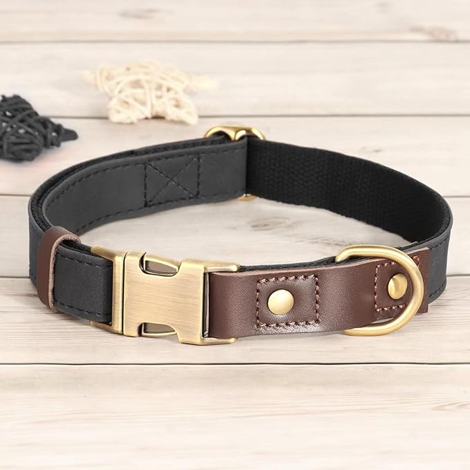 Didog Soft Padded Leather Dog Collar for Large Dogs, Classic Heavy Duty Dog Collars Adjustable with Quick Release Metal Buckle,Black,L Neck 15-23"