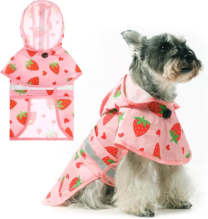 KOOLTAIL Dog Raincoat Hooded Slicker Poncho with Leash Hole, Waterproof Dog Rain Jacket, Reflective Strip, Adjustable Breathable Puppy Rainwear - Strawberry M