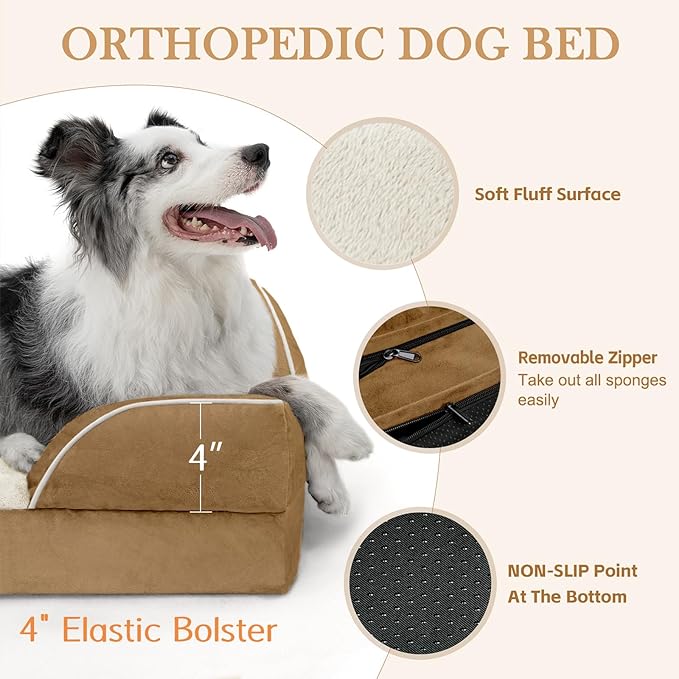 Comfort Expression Medium Dog Beds Waterproof Orthopedic Foam Dog Sofa Beds for Medium Large Dogs Comfy Pet Bed with Washable Removable Cover & Non-Slip Bottom(Medium,Khaki)