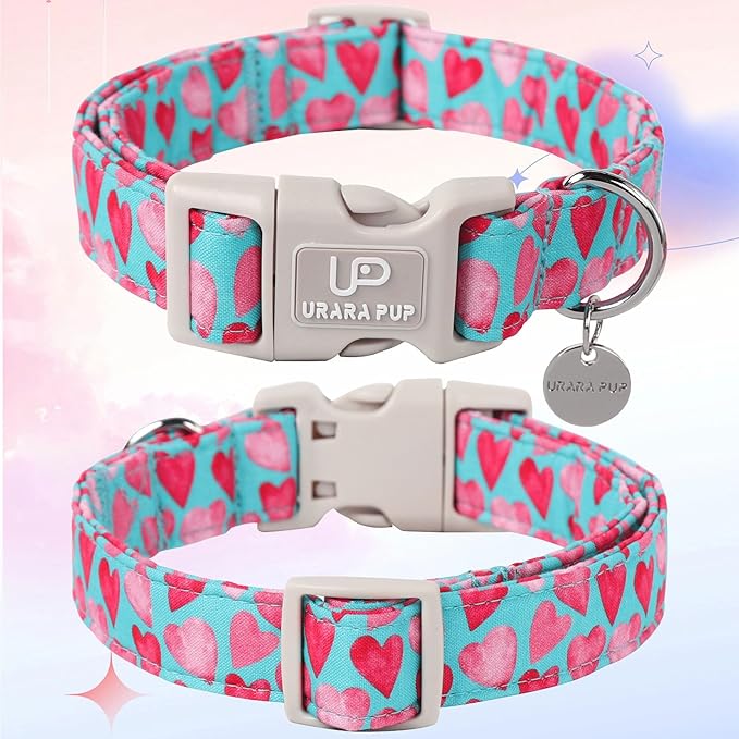 Pink Heart Dog Collar, Valentine's Gift for Puppy Small Medium Dogs, Adjustable Size, Cotton Material, Unique Design