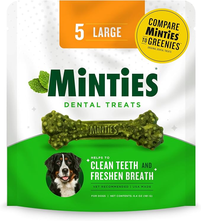 Minties Dental Chews for Dogs, 5 Count, Vet-Recommended Mint-Flavored Treats for Large Dogs Over 50 lbs, Dental Bones Clean Teeth, Fight Bad Breath, and Removes Plaque and Tartar