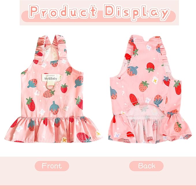 Small Dog Dress Harness and Leash Set Cute Princess Birthday Dog Dresses Soft Fruit Print Puppy Dresses Girl Dog Clothes for Small Dogs Cats Chihuahua Yorkie Shih Tzu (Pink Strawberry,S)