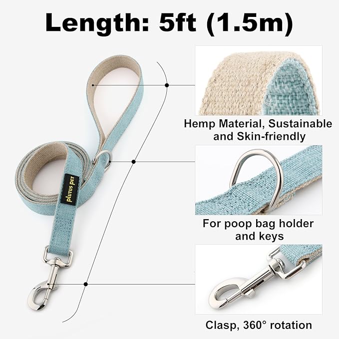 Plutus Pet Cotton Hemp Dog Collar and Leash Set, Adjustable Collar for Small, Medium, and Large Dogs, Heavy Duty and Soft on Skin, Light Blue, M